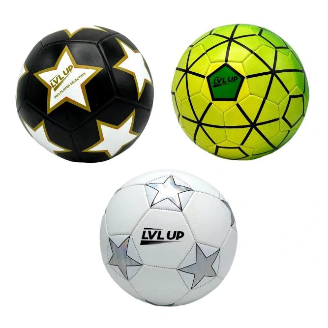 Three soccer balls, black/white, green/yellow, and white/silver.